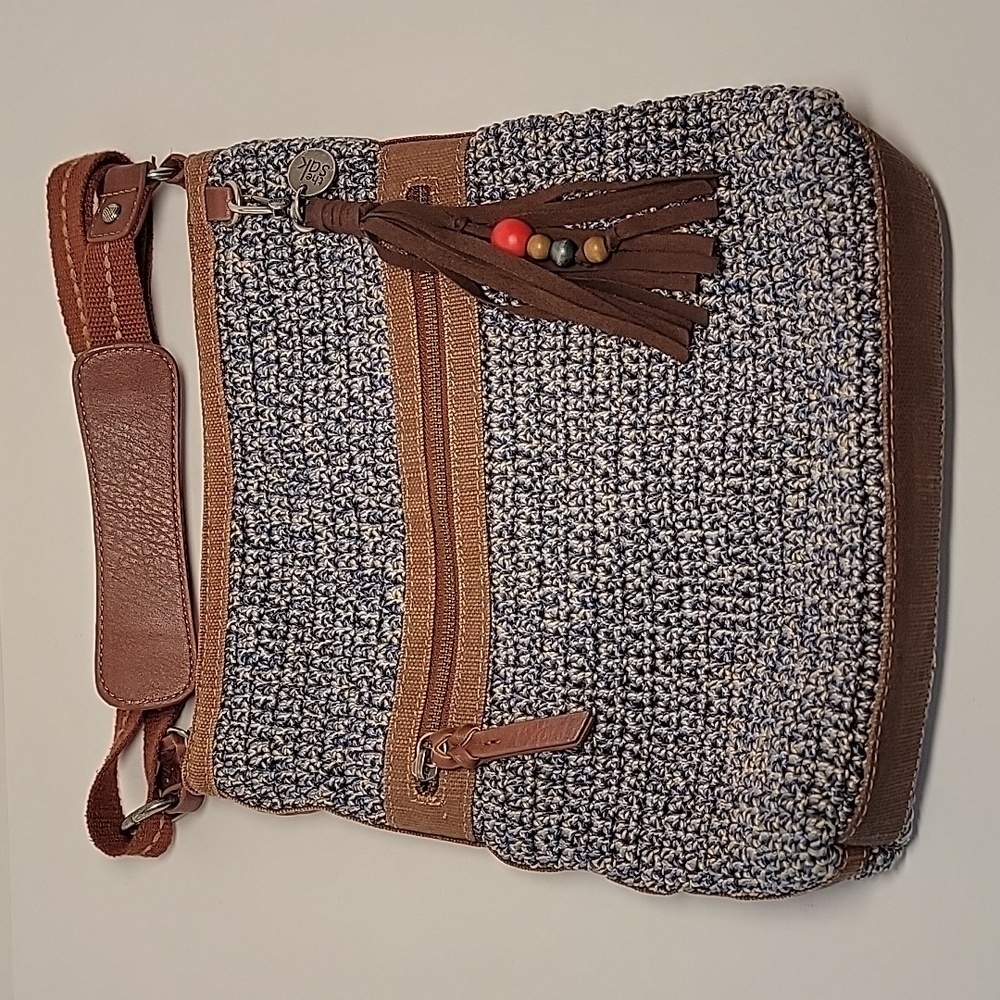 The Sak Lucia Crochet Knit Denim Static Crossbody Purse Shoulder Bag Sack Blue